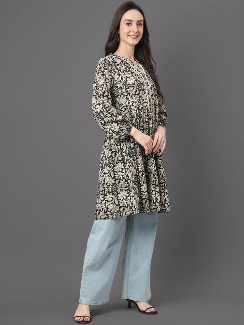 Black Cotton Floral Print Flared Tunic